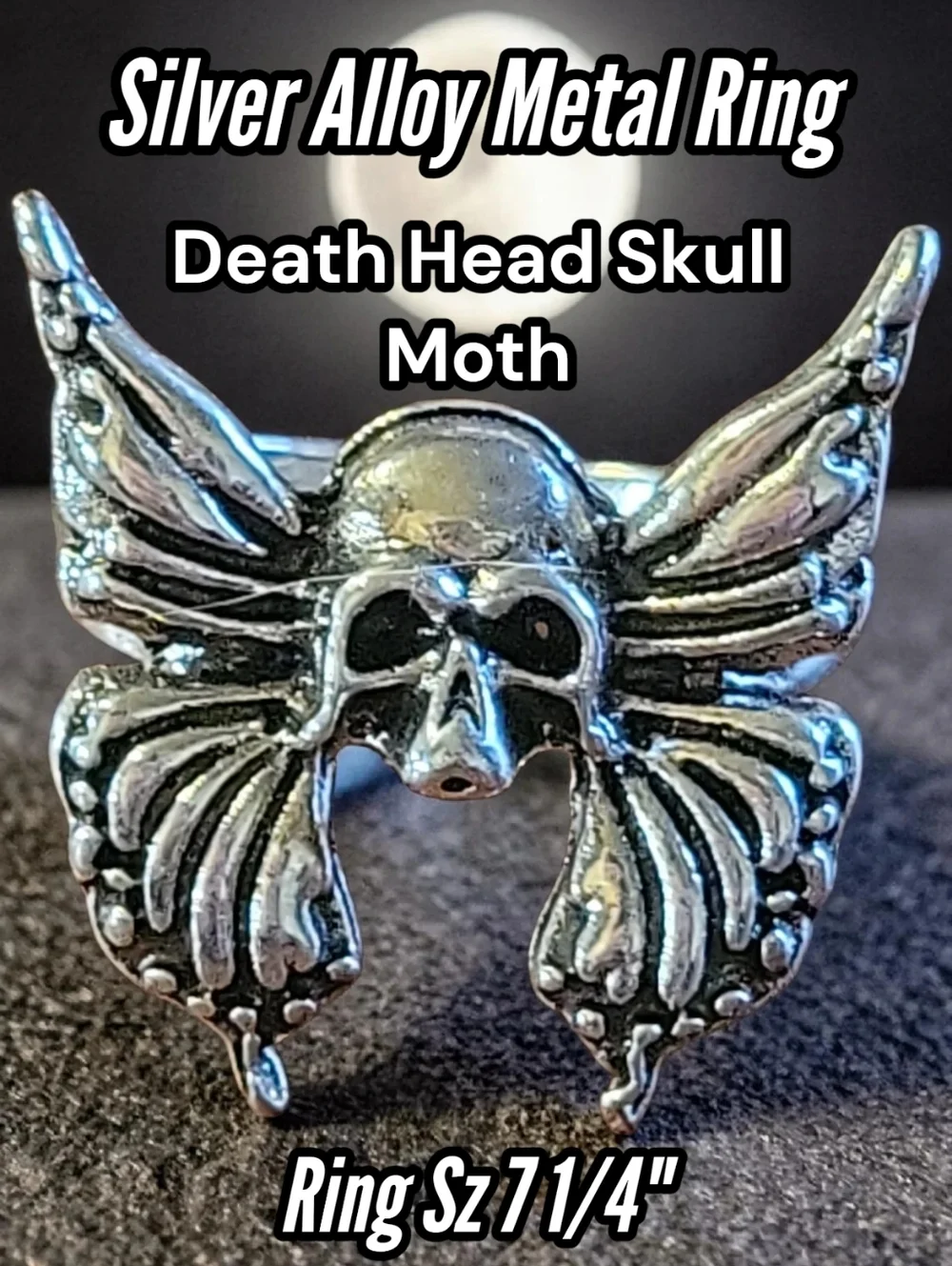 NWT Silver Alloy Metal Death Head Skull Moth Butterfly Ring Sz 7 1/4